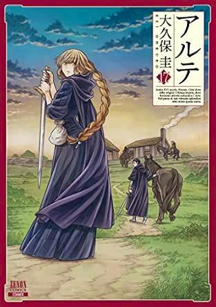 Cover of the comic book showing a braided woman in a cloak holding a sword on a country path with another person and a horse near buildings in the background.