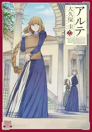 Cover art of the comic showing a woman in a long blue dress holding a book in front of a colonnaded building, with another figure in the background.