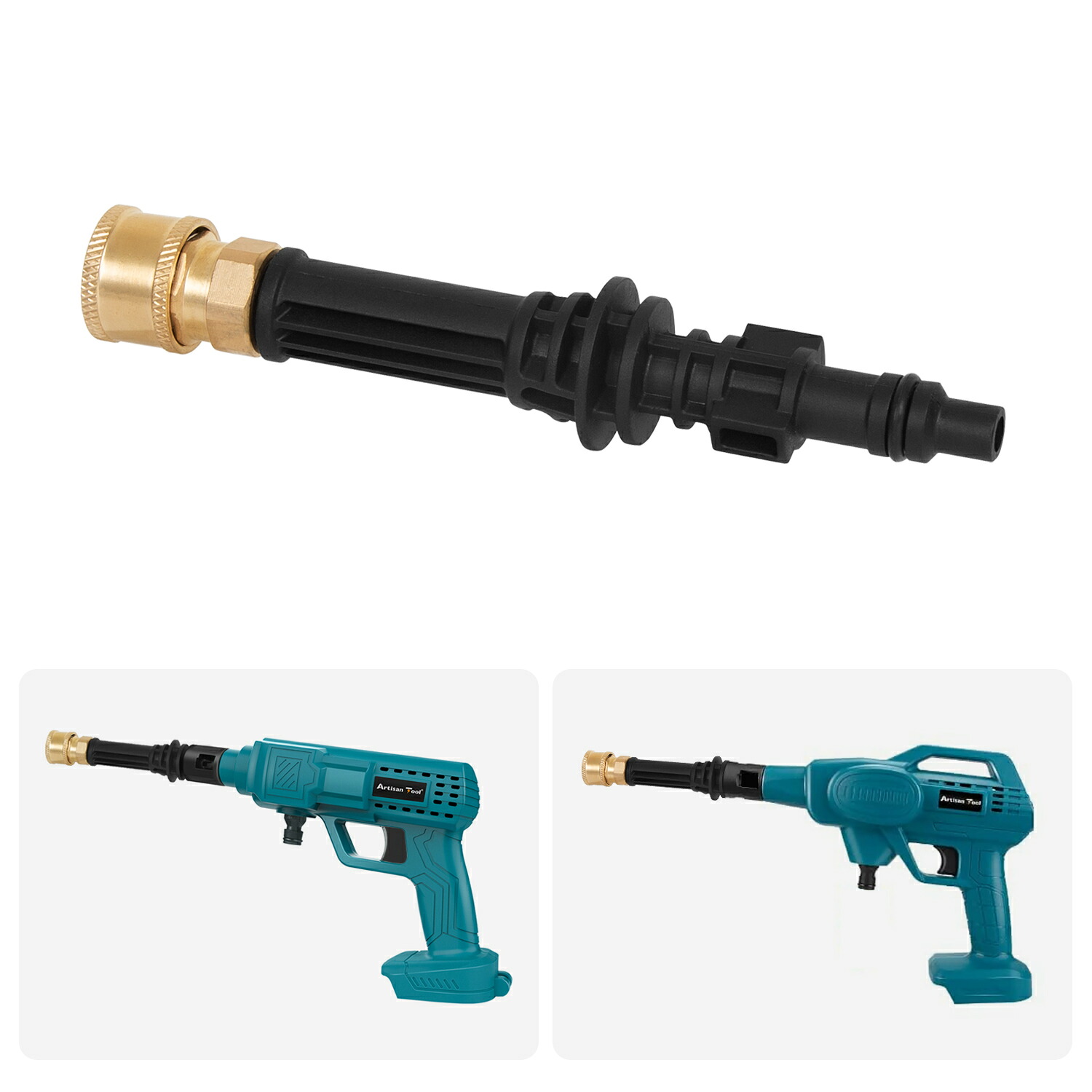 Black plastic 1/4-inch quick spray nozzle with a brass connector shown on white background alongside small images of the nozzle fitted to a cordless pressure washer.