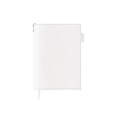 Front view of a closed white cow leather A6 book cover showing textured cover, pen loop at the right, and a ribbon bookmark.
