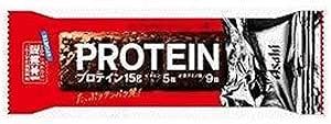 Front view of a red-wrapped protein bar with 'PROTEIN' printed on the packaging.