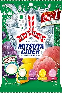 Front of a green Mitsuya Cider candy bag showing the logo, soda splash, and fruit illustrations.