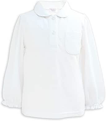 Front view of a white long-sleeve girls' round-collar polo shirt in pique fabric with a chest pocket and ruffled sleeve cuffs.