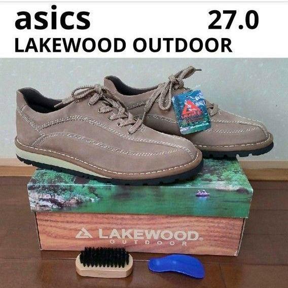 Pair of ASICS LAKEWOOD outdoor leather sneakers (size 27.0) displayed on their shoebox with a brush and a shoehorn.