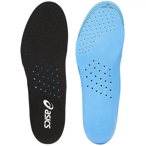 Top and bottom views of ASICS shoe insoles, one black and one blue, both with ventilation holes and the ASICS logo.