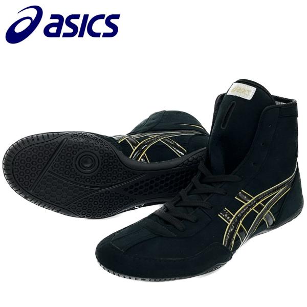 Black ASICS wrestling/boxing shoes with gold accents shown from an angled side and sole view.