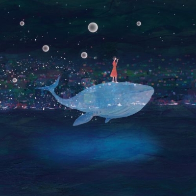 Vinyl album cover art showing a person standing on a large whale beneath a starry night sky.