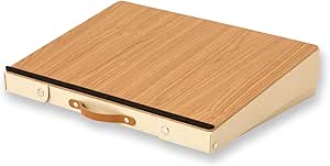 Woodgrain inclined portable tabletop with a brown handle and beige sides.
