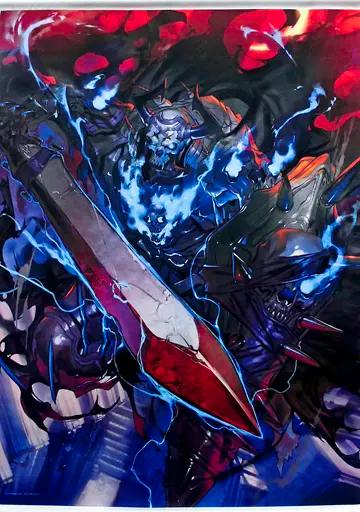 Photograph of the B2 tapestry showing the Assassin "山の翁" artwork from Fate/Grand Order, depicting an armored figure with blue flame effects holding a large red-tipped sword.