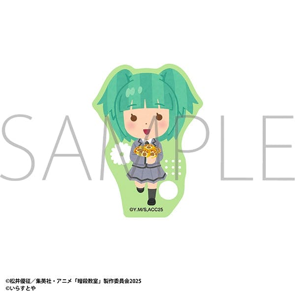 Paper sticker showing 暗殺教室 character 茅野 カエデ in a chibi-style illustration holding flowers on a light green background with a SAMPLE watermark.