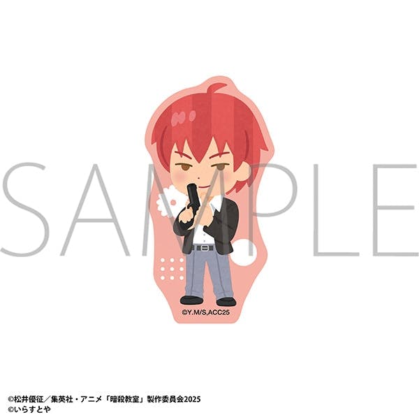Paper sticker showing the chibi illustration of the character 赤羽 業 holding a black object on a white background with a 'SAMPLE' watermark.