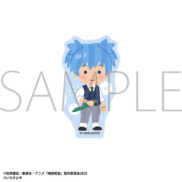 Paper sticker showing the character Nagisa Shiota (潮田 渚) with blue hair in a chibi style holding a small knife.