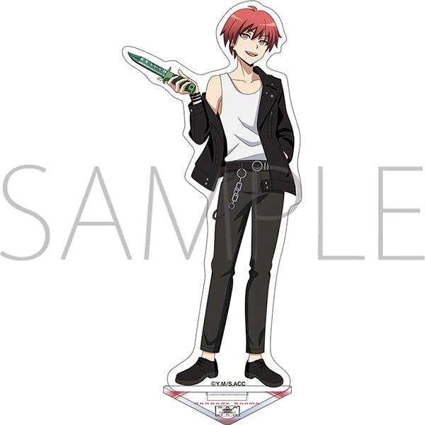 Acrylic stand of Akabane Karma from Assassination Classroom, showing the red-haired character in a black jacket and white shirt holding a green blade.