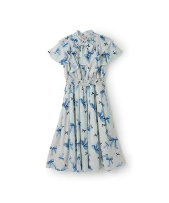 White short-sleeve cotton flare dress with blue floral print and gathered waist shown flat on a white background.