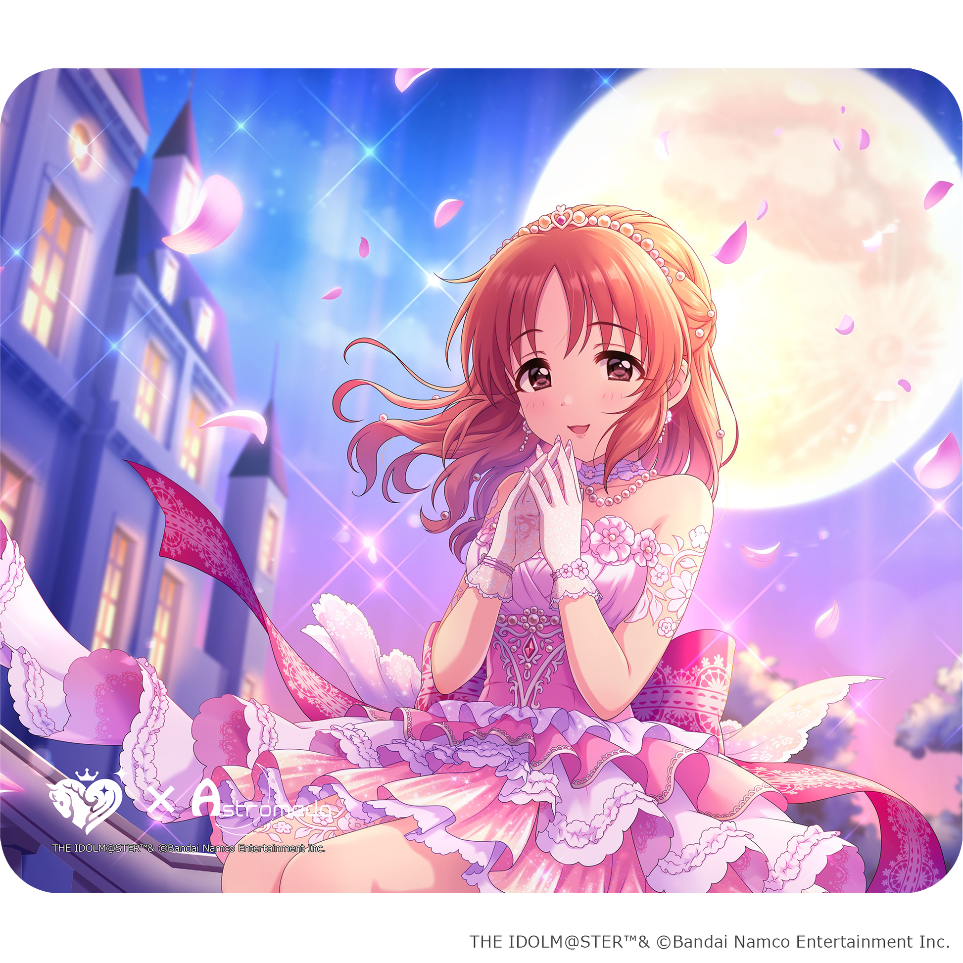 Gaming rubber mouse pad depicting the character 安部菜々 in a pink frilly dress against a moonlit background.