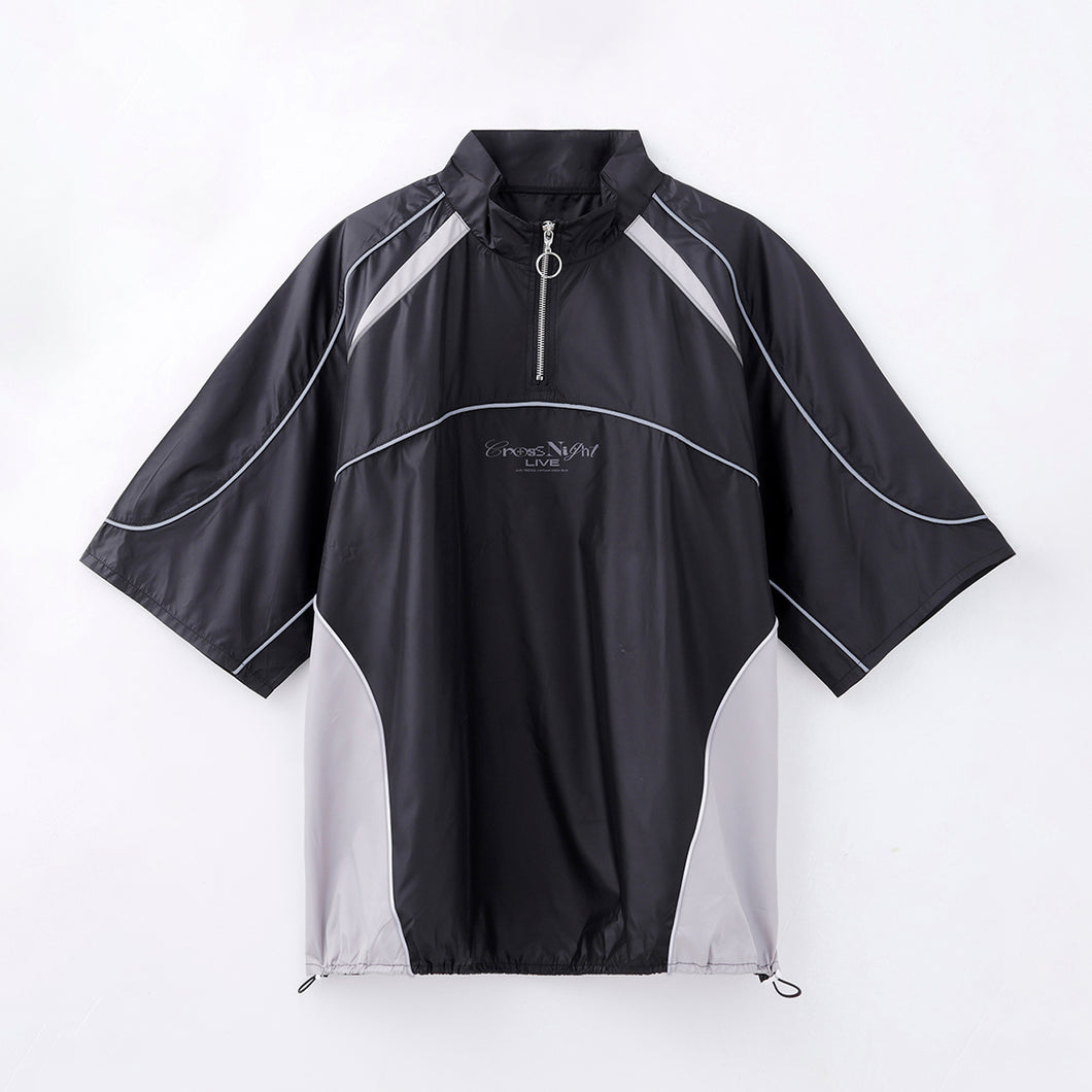 Front view of a black and gray half-zip men's pullover with short sleeves, a ring-pull zipper, center chest print, and a drawcord hem.
