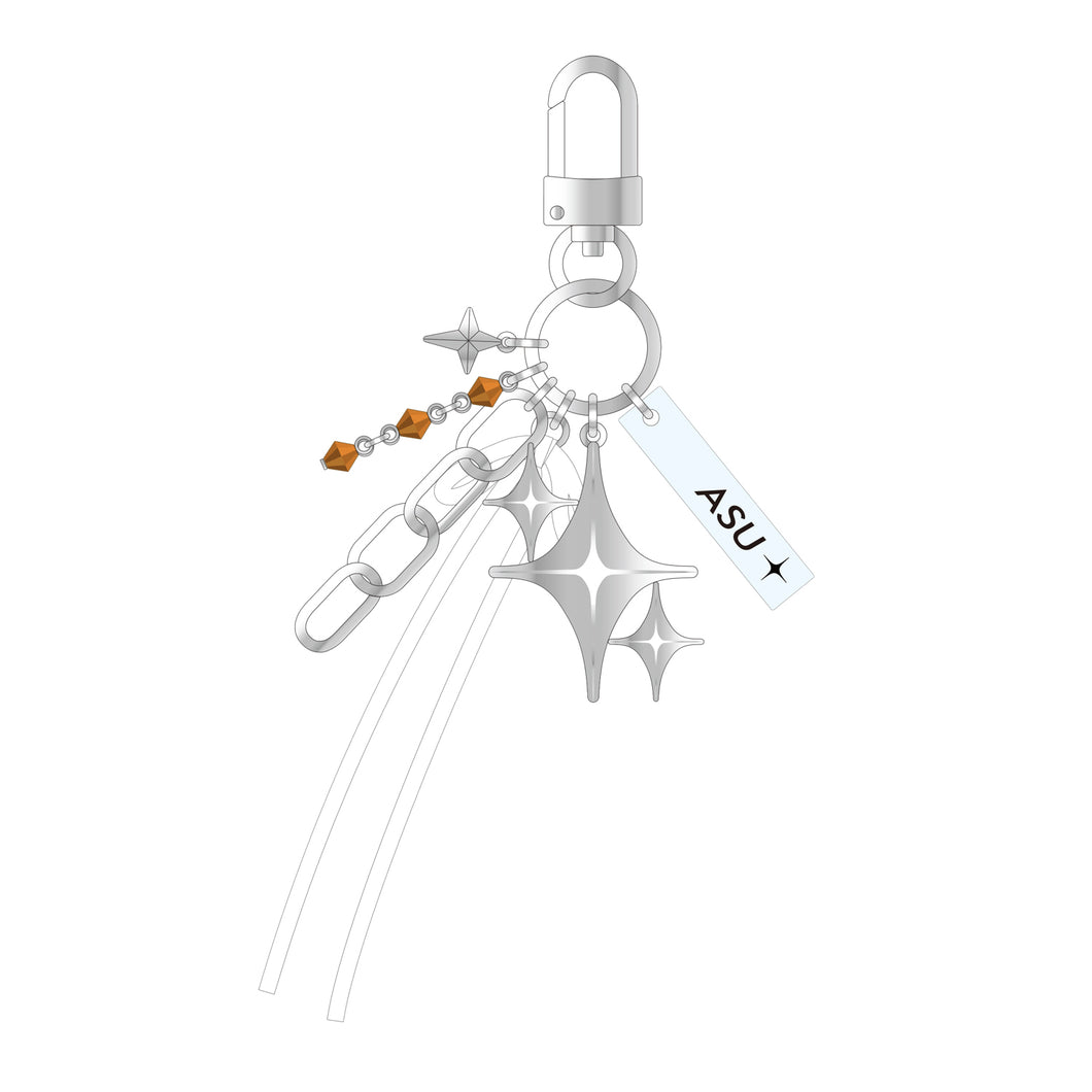 Rendered illustration of a charm keychain showing a silver clasp and rings, star-shaped charms, chain links, small beads, and a rectangular tag reading "ASU+" on a white background.