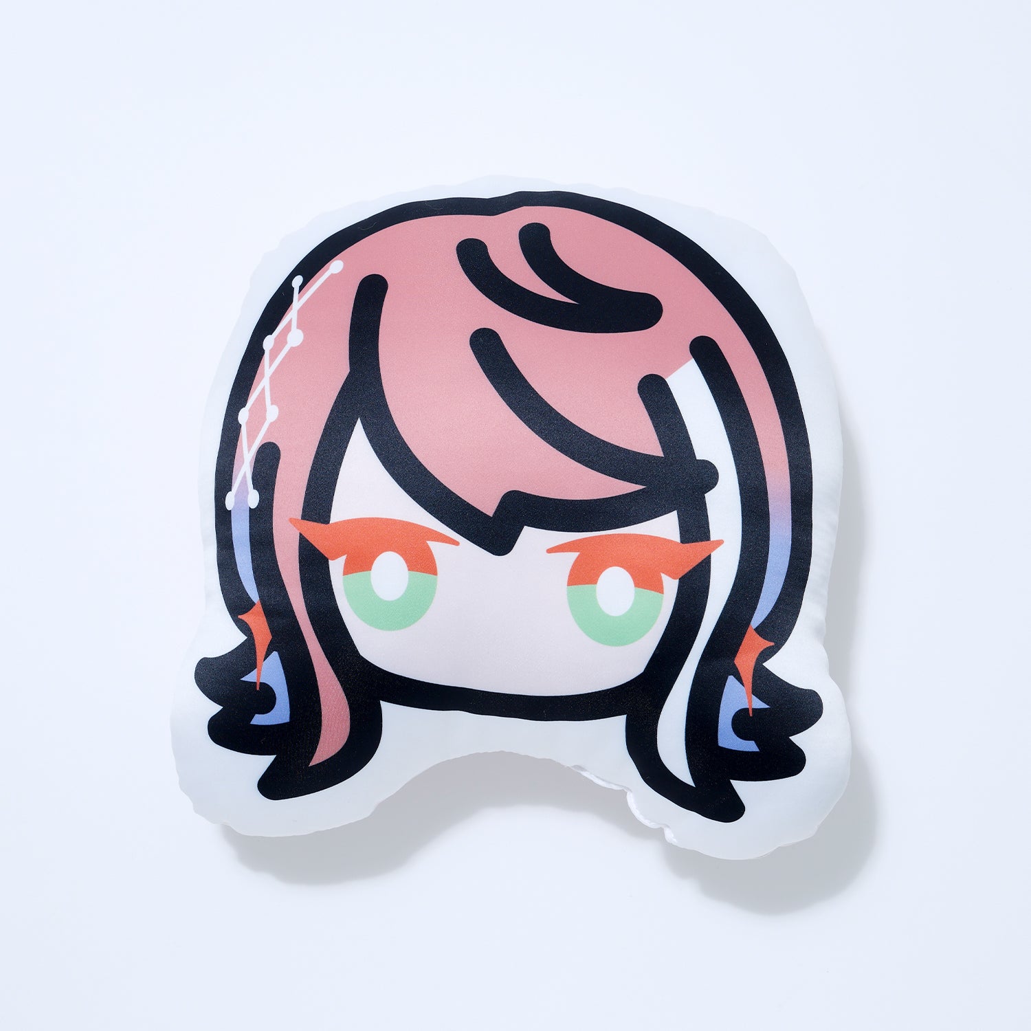 Front of the ASU face cushion showing a stylized character face with pink hair and green eyes.