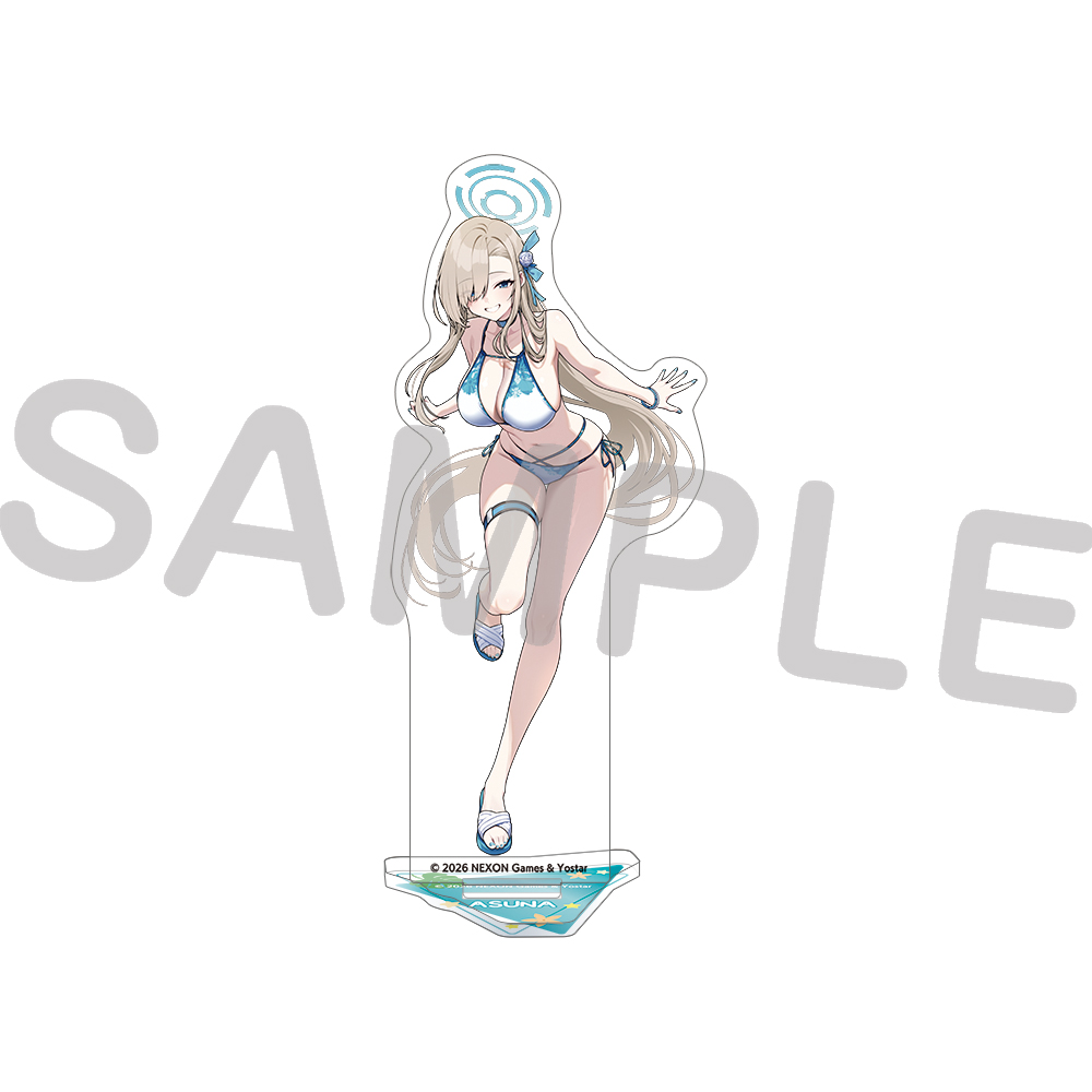Acrylic stand showing an anime-style female character Asuna wearing a blue bikini mounted on a clear base.