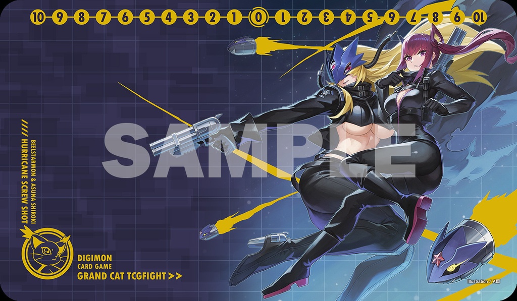 Polyester playmat showing illustrated characters Asuna and Belko in an action pose over a numbered grid with a visible SAMPLE watermark.