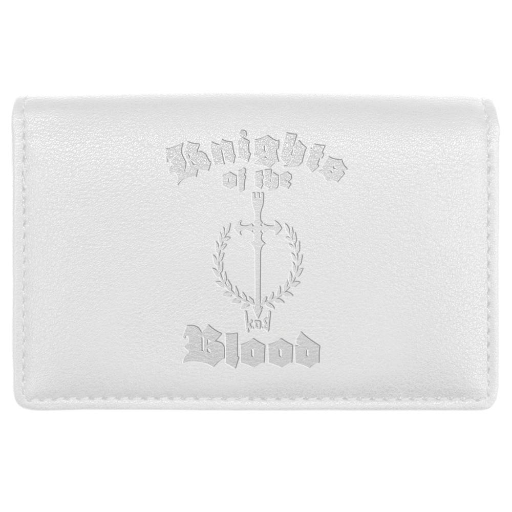 Front view of the white synthetic (PVC) leather card case showing an embossed sword-and-wreath emblem and decorative text.