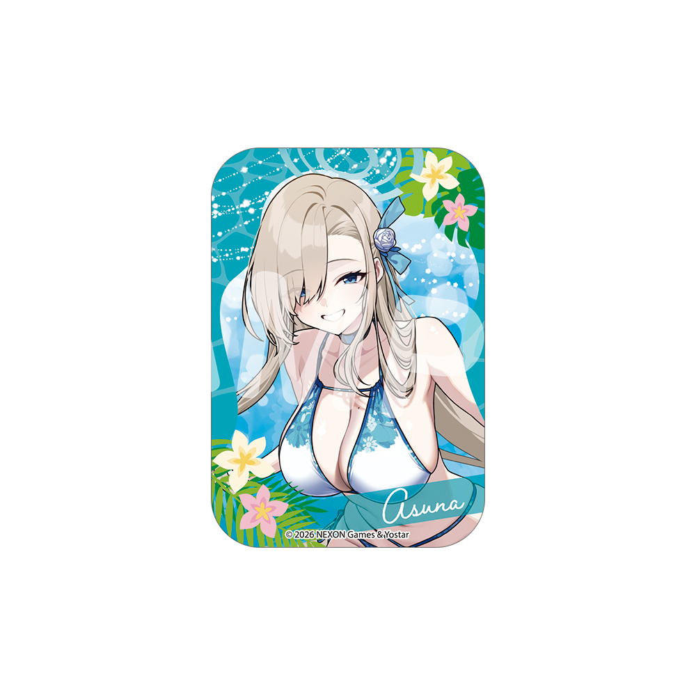 Sticker showing the character Asuna in a blue bikini with flowers and a turquoise watery background.