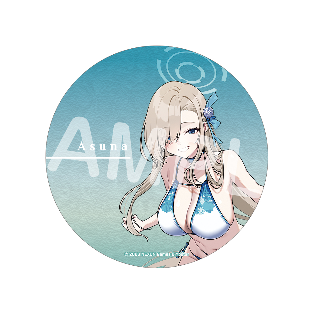 Circular acrylic coaster showing the character Asuna wearing a blue bikini over a water-patterned background.