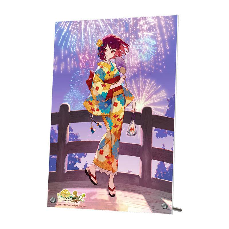 B5 acrylic decorative plate showing Sophie no Atelier 2 artwork of a girl in a yukata on a wooden railing with fireworks in the background.