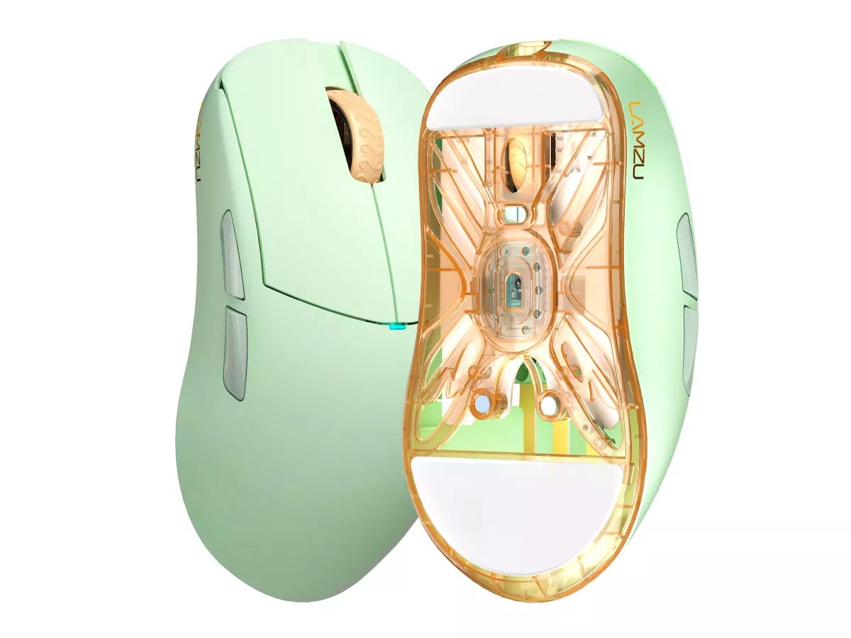 Matcha green Atlantis OGV2 Pro PC mouse shown with a full top view next to a transparent bottom view.
