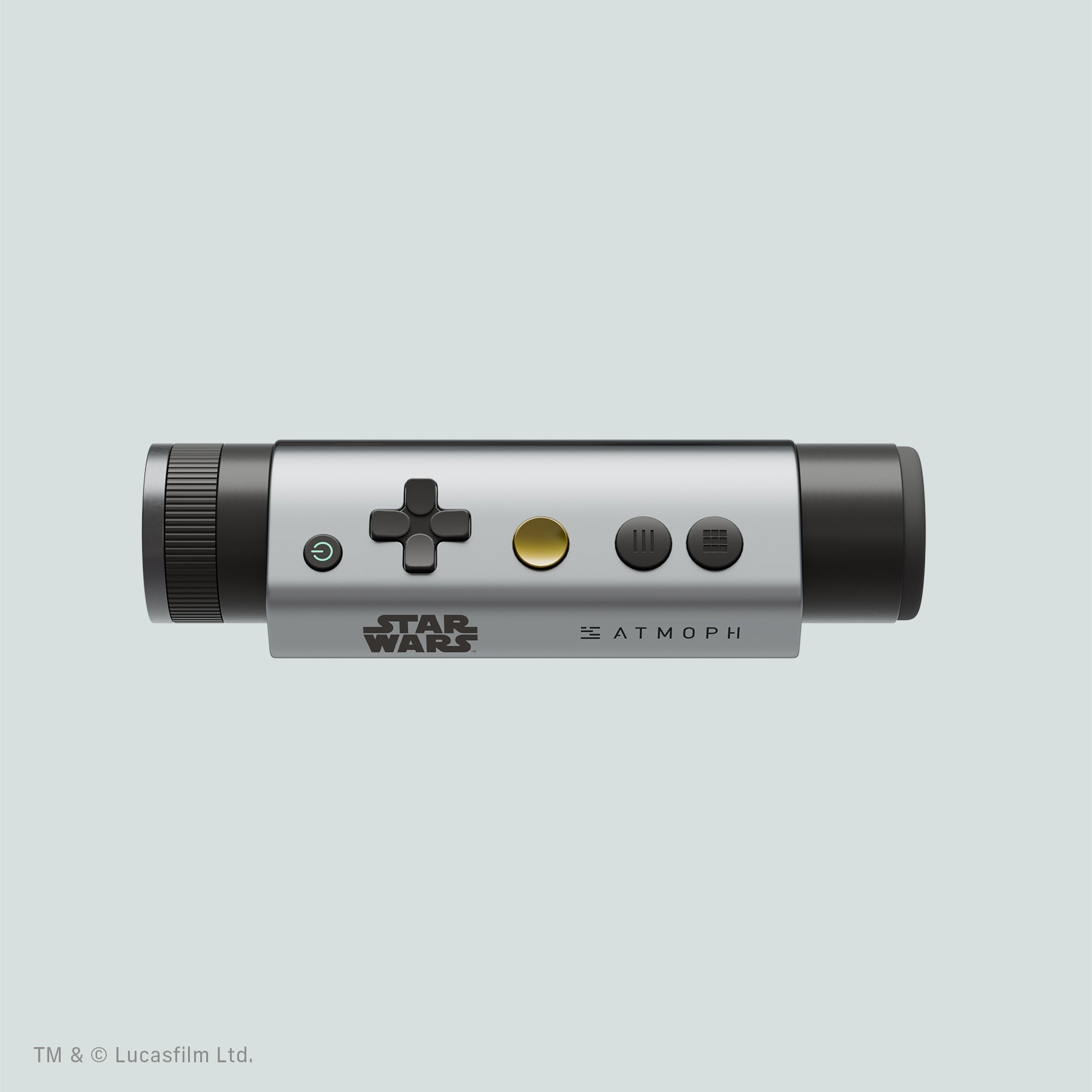 Silver cylindrical Atmoph Scope with Star Wars branding and control buttons shown on a light background.