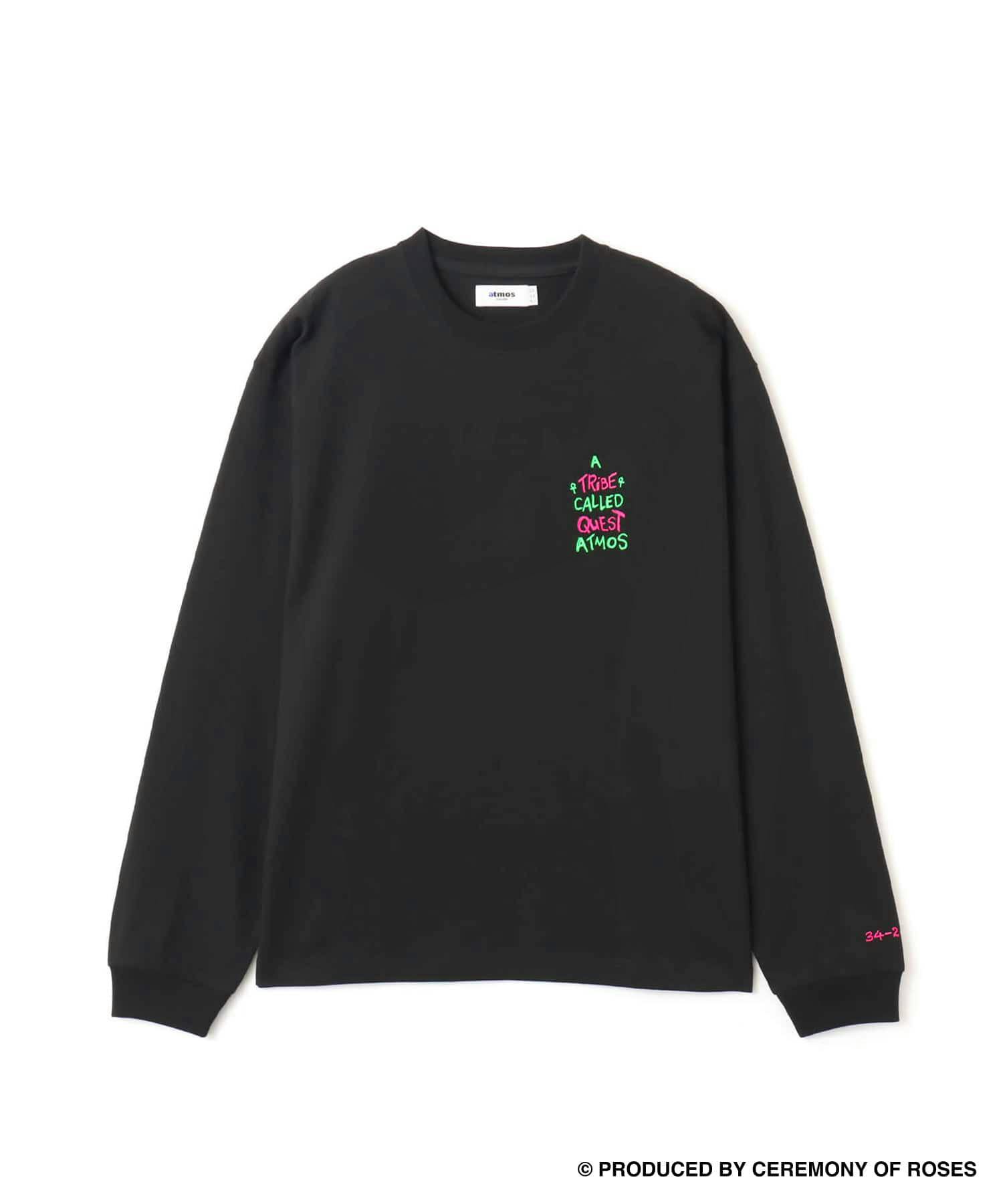 Front of the black atmos x ATCQ Bonita Applebum long-sleeve T-shirt showing a small neon green and pink 'A Tribe Called Quest' chest graphic.
