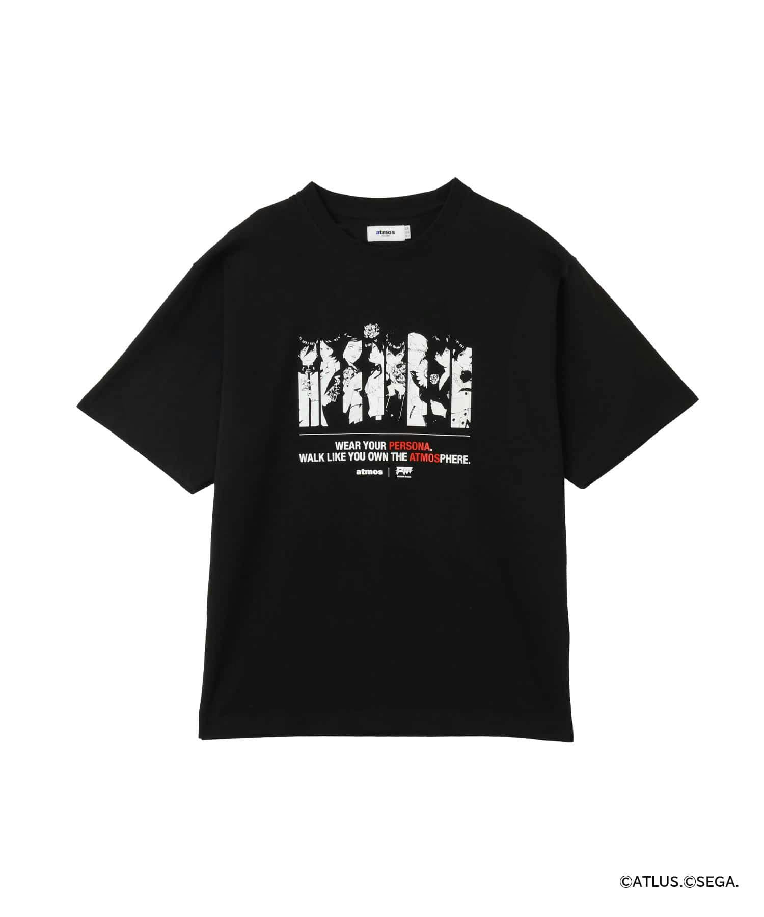 Front of the black atmos x PERSONA Memoria T-shirt displayed flat with a white character-panel graphic and white-and-red slogan text on the chest.