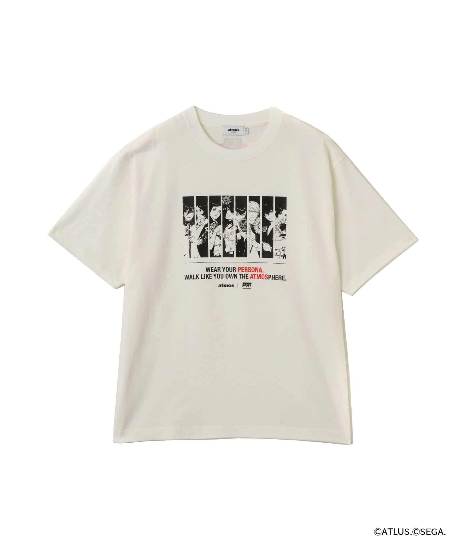 Front view of the white atmos x PERSONA Memoria T-shirt showing a black-and-white vertical-panel character graphic and the printed slogan on the chest.