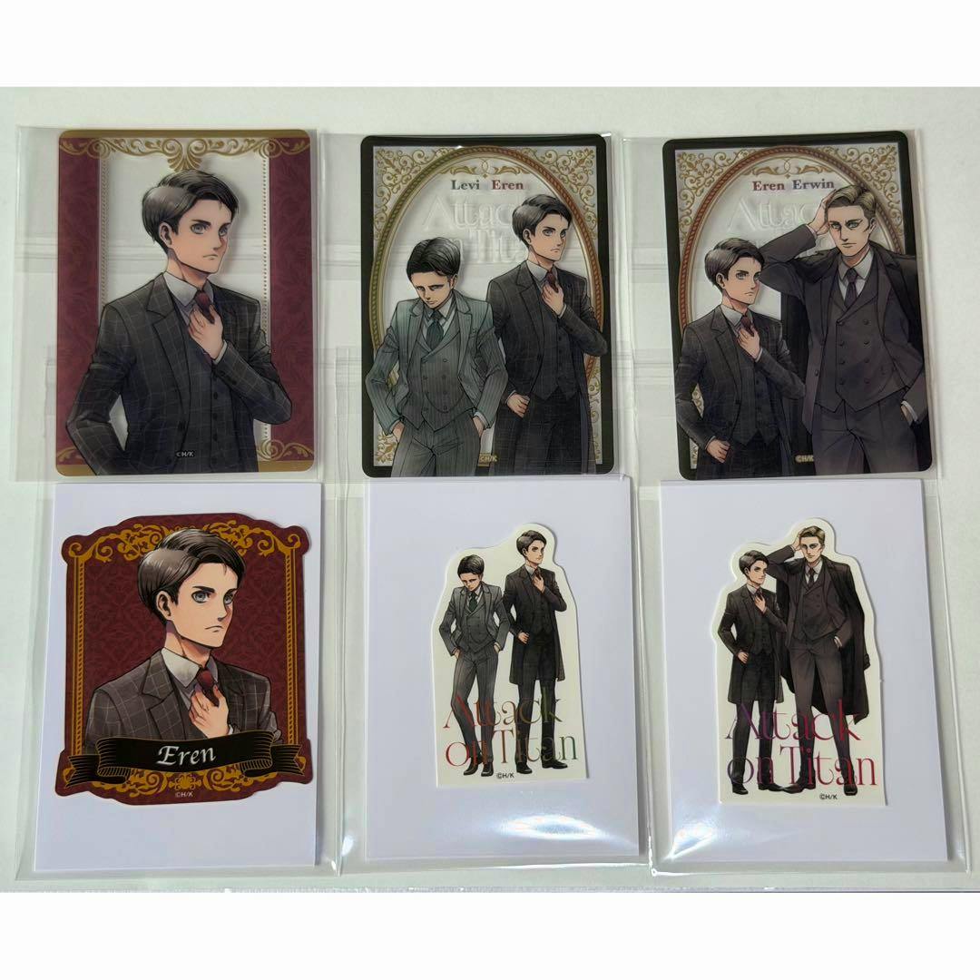 Six Attack on Titan acrylic cards/stickers displayed in two rows on a white background.