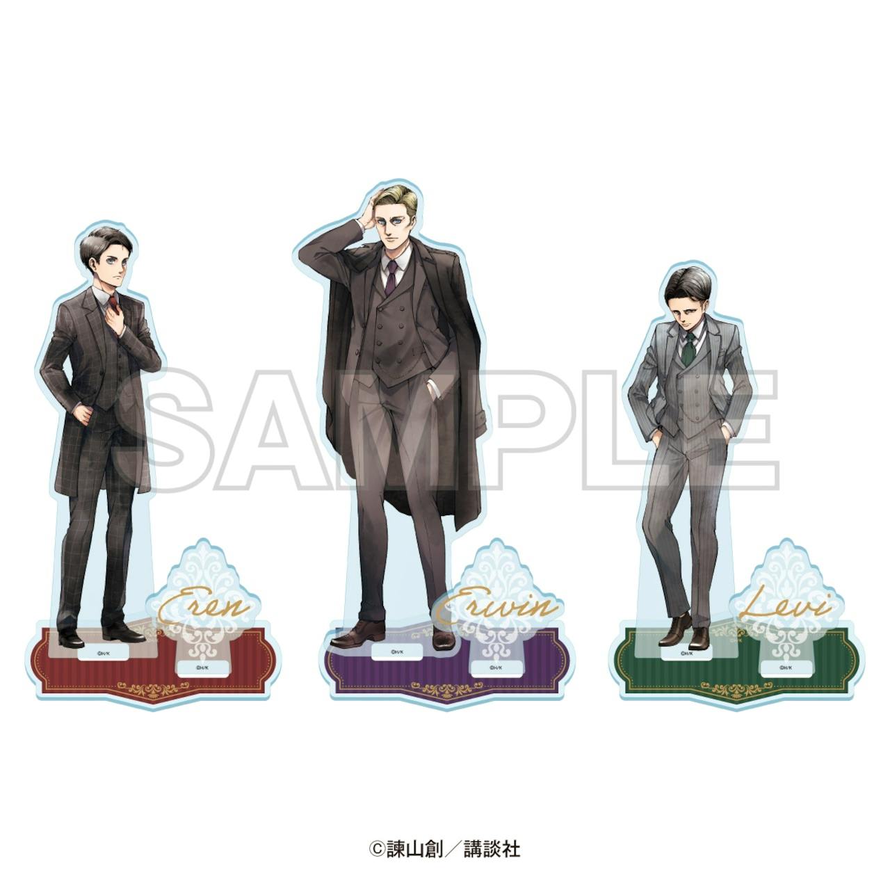 Three Attack on Titan acrylic stands (Eren, Erwin, Levi) on decorative bases against a white background.