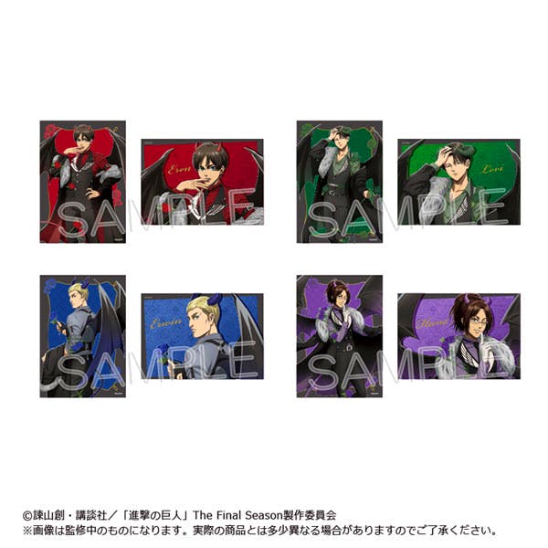 Composite image showing illustrated photocard bromides from the 進撃の巨人 (Attack on Titan) DEVIL Ver. set with a SAMPLE watermark.