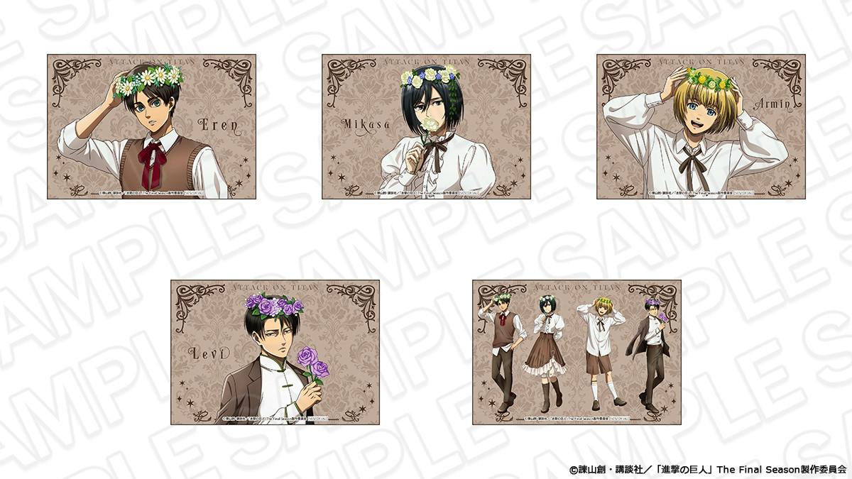 Five rectangular clear cards from the TV anime Attack on Titan Flower Crown ver., each showing a different character portrait wearing a flower crown against a decorative background.