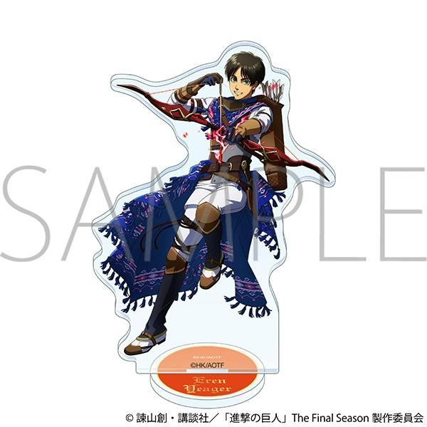 Acrylic stand of Eren from Attack on Titan depicting him drawing a bow on a white background.