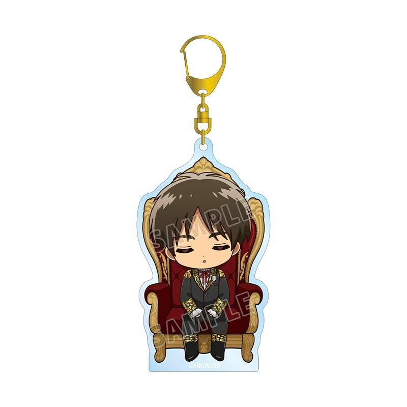 Acrylic keychain showing chibi Eren seated on a decorative throne with a gold clasp.