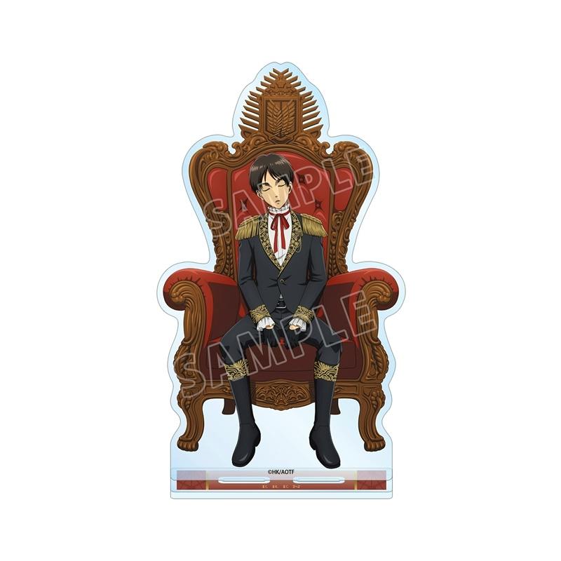 Colored acrylic stand showing Eren seated on an ornate throne, front view.