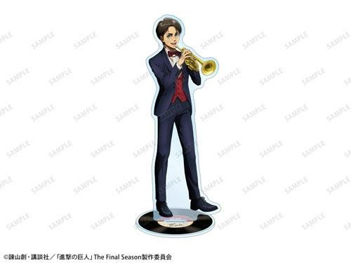 Acrylic stand of Eren in a jazz outfit holding a trumpet, mounted on a vinyl-record style round base.