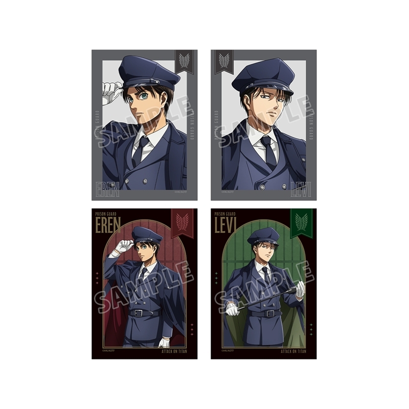 Four bromide photocard illustrations of Eren and Levi in prison-guard uniforms shown in a two-by-two grid.