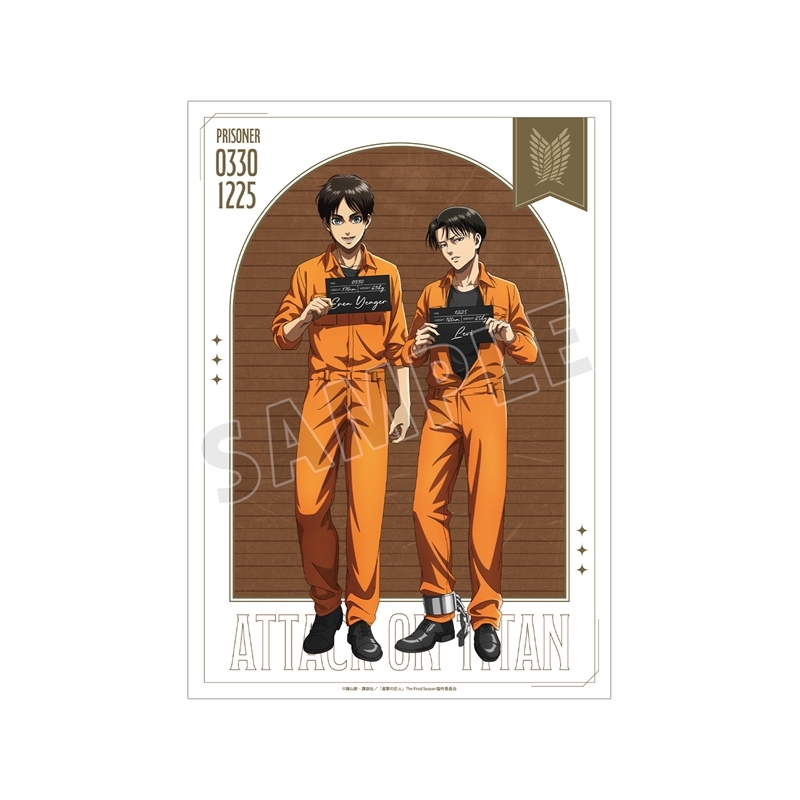 A3 matte poster for Attack on Titan showing Eren and Levi in orange prisoner uniforms holding prisoner placards against a wood-panel background.
