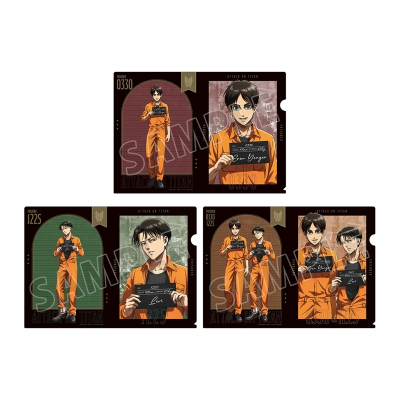 Three clear file folders showing Eren and Levi in orange prisoner outfits with mugshot-style panels.