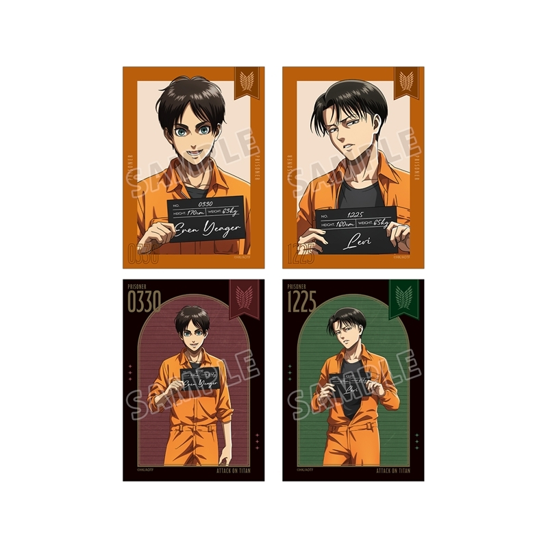 Four illustrated photocard designs of Eren and Levi in orange prisoner outfits holding mugshot boards, arranged in a two-by-two layout.