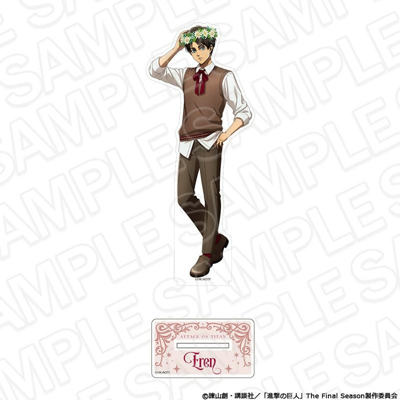A full-body acrylic stand illustration of Eren Yeager wearing a flower crown and casual outfit, shown together with the separate rectangular nameplate.