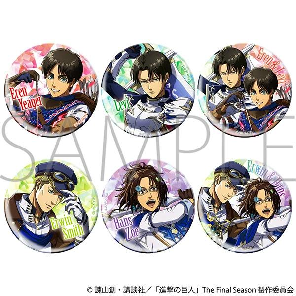 Six round glitter character badges featuring Attack on Titan character artwork arranged together on a white background with a SAMPLE watermark.