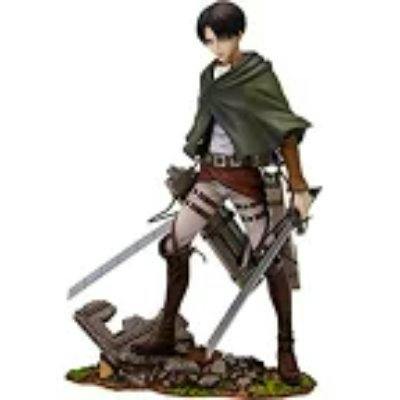 1/8 PVC figure of Levi from Attack on Titan wearing a green Survey Corps cloak and holding two swords on a debris base.