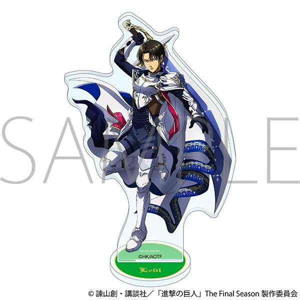 Acrylic character stand of Levi in a white-and-blue outfit with a round green base on a white background.