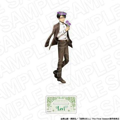 Photograph of the Levi acrylic stand showing a full‑body figure with a purple flower crown and the matching decorative base.